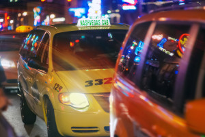 Cabs lined up on Broadway awaiting customers.