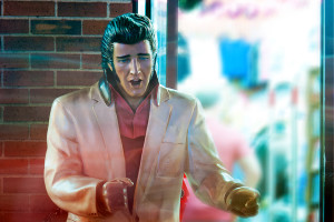 Sidewalk Elvis with Passing Pedestrians